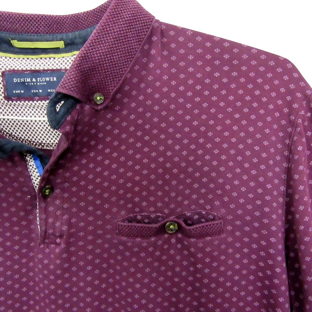 Denim & Flower Mens Polo Shirt M Purple Geometric Print Short Sleeve Golf